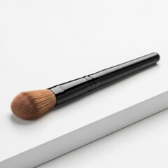 Makeup Brush with Brown Bristles and Black Handle on White Surface for Beauty and Cosmetic Use