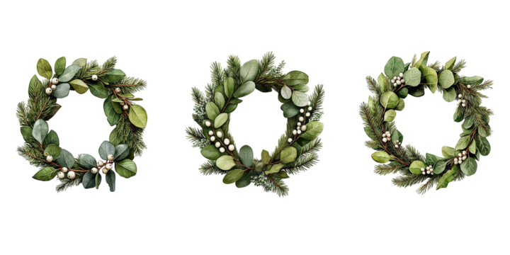 Watercolor Christmas wreath clipart set with eucalyptus leaves and white berries. High resolution PNG, transparent background. Perfect for holiday cards, invitations, stickers and crafts