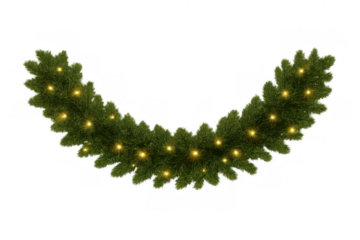 Christmas garland decor with glowing lights illuminating festive pine needles, creating a holiday atmosphere on transparent background