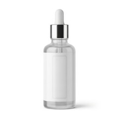 Clear Glass Dropper Bottle with White Label and Silver Cap on White Background