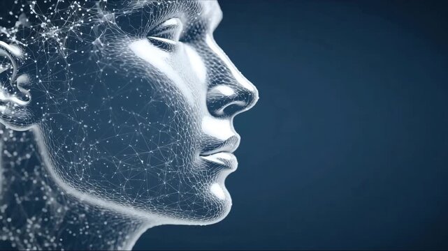 A humanoid robot head. Close-up of an abstract AI human face sideways. A geometric low poly wireframe tech  suitable for a presentation or tech articles.