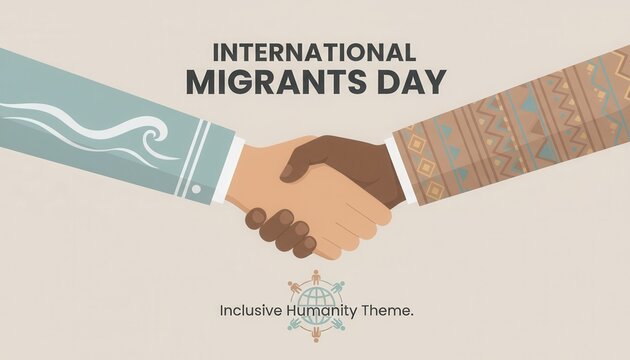 International migrants day illustration with a diverse handshake. People of different races showing unity and inclusion. Multicultural cooperation and humanity concept
