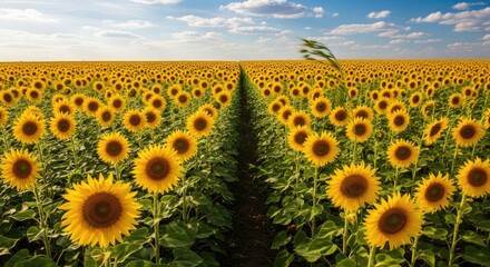 Obraz premium A vast sunflower field under a clear blue sky with fluffy white clouds.