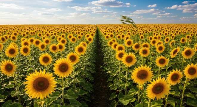 A vast sunflower field under a clear blue sky with fluffy white clouds.