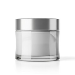 Empty Glass Cosmetic Jar with Silver Lid on White Background