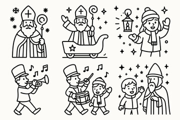 Saint Nicholas Parade. Festive Saint Nicholas Procession outline icon set: bishop hat, red robe, parade float, marching band, children waving, snowflakes, lantern light, starry sky