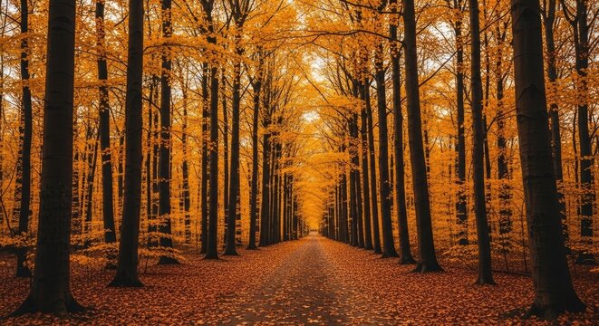 A serene autumnal forest with tall trees and golden leaves, creating a peaceful and tranquil atmosphere.