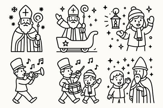 Saint Nicholas Parade. Festive Saint Nicholas Procession outline icon set: bishop hat, red robe, parade float, marching band, children waving, snowflakes, lantern light, starry sky