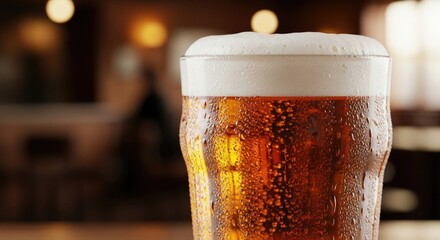 A glass of beer with a frothy head and condensation on the glass.