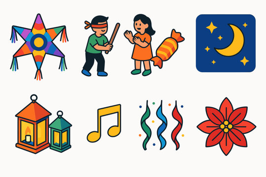Iconos de Fiesta Posada. Las Posadas Pi&ntilde;ata Celebration modern flat icon set: star-shaped pi&ntilde;ata, children playing, candy, lanterns, night sky, music notes, festive ribbons,