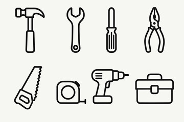 Obraz premium Workshop Tools Icons. Workshop Tools outline icon set: hammer, wrench, screwdriver, pliers, saw, measuring tape, drill, toolbox.