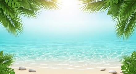 A serene beach scene with palm trees and rocks on the shore.