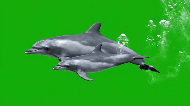 Two Dolphins Swimming Together Underwater with Bubbles on a Vibrant Green Screen Background