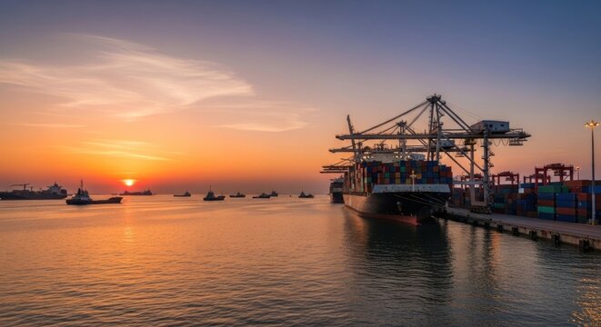 A cargo ship docked at a port at sunset, with a container ship and other vessels in the background.