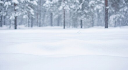 Snow-covered forest with snowflakes falling.