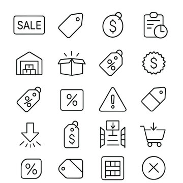 Clearance event icons icons in minimalistic line art style: final sale label, end of line tag, outlet price sticker, liquidation offer, warehouse deal