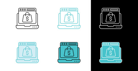 Laptop shopping bag icon for online store and ecommerce website in line and fill style