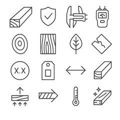 Fototapeta premium Lumber measurements and grading icons in minimalistic line art style: board feet, wood grade, thickness gauge, moisture content meter, knot marker,