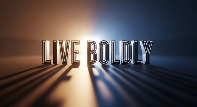A vibrant and inspiring digital artwork featuring the bold words 'LIVE BOLDLY' illuminated against a dynamic background with shadows and light effects