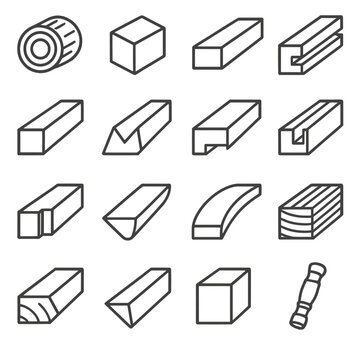 Lumber shapes and cuts icons in minimalistic line art style: round log, square timber, rectangular plank, tongue-and-groove, beveled edge, V-joint,