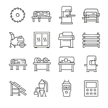 Sawmill components icons in minimalistic line art style: saw blade, log conveyor, cutting machine, debarker, wood chipper, kiln dryer, planer,