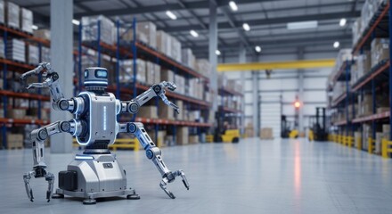 Naklejka premium A robot in a warehouse with boxes and machinery.