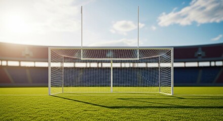 Fototapeta premium A soccer goalpost in a stadium with a clear blue sky in the background.