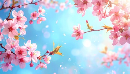 Pink cherry blossom flowers bloom on a tree branch, creating a beautiful spring nature background under the sky