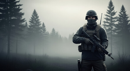 Determined soldier in tactical gear stands alert in a foggy forest, ready for action, embodying vigilance and preparedness for any mission.