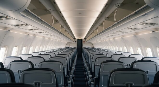 Empty airplane cabin with rows of seats and overhead compartments.