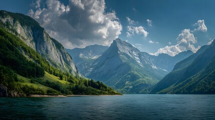 Obraz premium Majestätische Alpenlandschaft mit See und Wolkenhimmel 