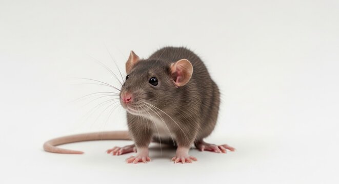 A gray rat standing on a white surface with a white background.