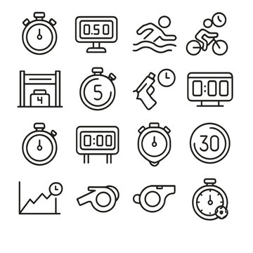 Sports timing devices icons in minimalistic line art style: race stopwatch, lap counter, swim timer, cycling time tracker, finish line clock, sprint