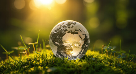 Tiny glass earth rests on lush moss bathed in warm golden sunlight, symbolizing hope and new beginnings for our planet's future.
