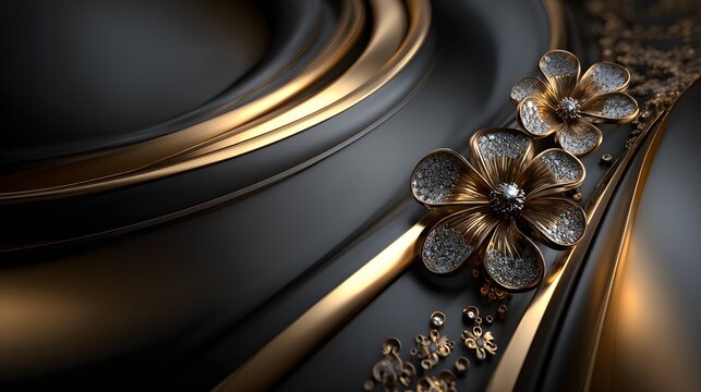 Luxuri&ouml;se schwarze und goldene Blumenornamente auf gl&auml;nzender Oberfl&auml;che
