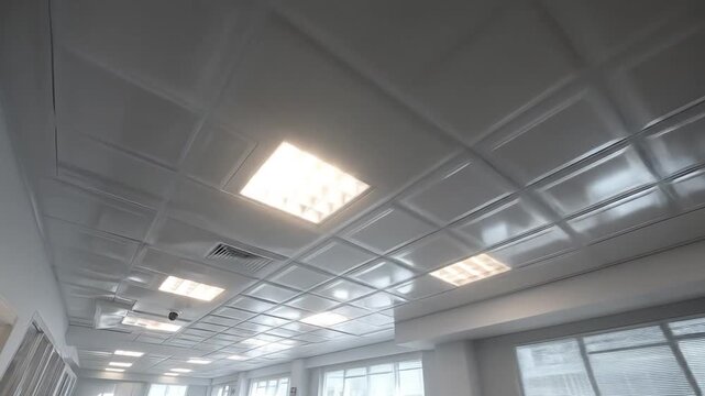 Modern office ceiling with integrated lighting and air vents