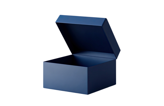 Open, dark blue square box, top ajar, against black