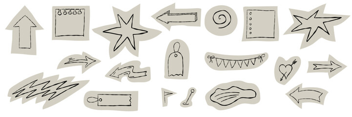 Funky scrapbook and collage elements set. Hand-drawn doodles, torn craft paper cutouts and colorful crayon sketches in naive art vector style.