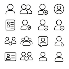Obraz premium Social and profile contacts icons in minimalistic line art style: avatar icon, friend icon, follower badge, profile picture, contact list, profile