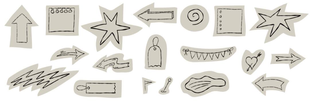 Funky scrapbook and collage elements set. Hand-drawn doodles, torn craft paper cutouts and colorful crayon sketches in naive art vector style.