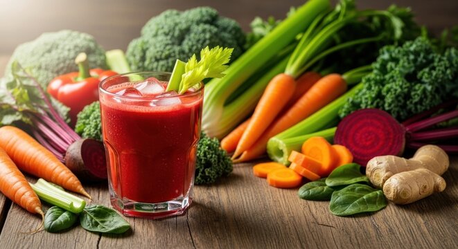 A glass of red juice with ice cubes and a celery stalk in it, surrounded by various vegetables including carrots, beets, broccoli, and spinach, on a wooden table
