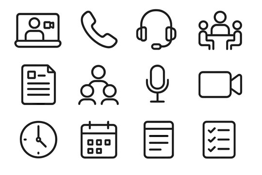 Digital Communication Icons. Meetings & Calls outline icon set: video call, phone, headset, meeting room, agenda sheet, participant icons, microphone, camera, time zone clock,