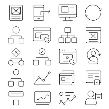 UX and UI workflow icons in minimalistic line art style: wireframe layout, screen transition, prototype stage, feedback loop, user flow chart, button