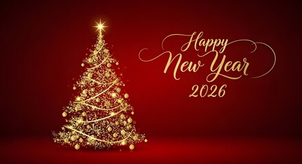 Golden Xmas Tree with Ornaments Happy New Year 2026 Greeting