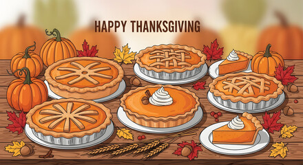 Happy Thanksgiving Greeting with Delicious Pies and Pumpkins on Wooden Table