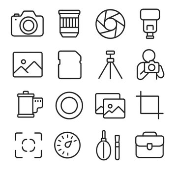 Photography icons in minimalistic line art style: DSLR camera, photo lens, aperture symbol, camera flash, photo frame, memory card, tripod stand,