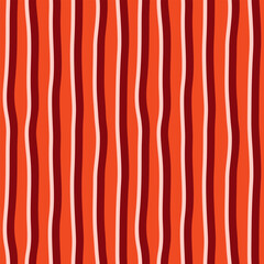 Abstract modern seamless bright colorful geometric pattern of vertical paired curved stripes on red background; simple hand-drawn vector illustration, drawing, flat style