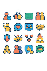 Fototapeta premium Social connection icons icons in modern flat vector style in minimalistic vibrant color design: friend request icon, shared coffee, welcome mat, side