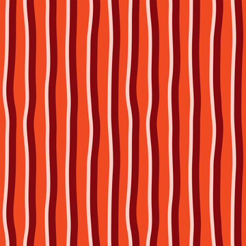 Abstract modern seamless bright colorful geometric pattern of vertical paired curved stripes on red background; simple hand-drawn vector illustration, drawing, flat style