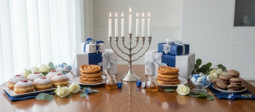 A festive table set for a Hanukkah celebration with a lit menorah and traditional food. Jewish holiday with sufganiyot, dreidels, and gifts on a wooden table